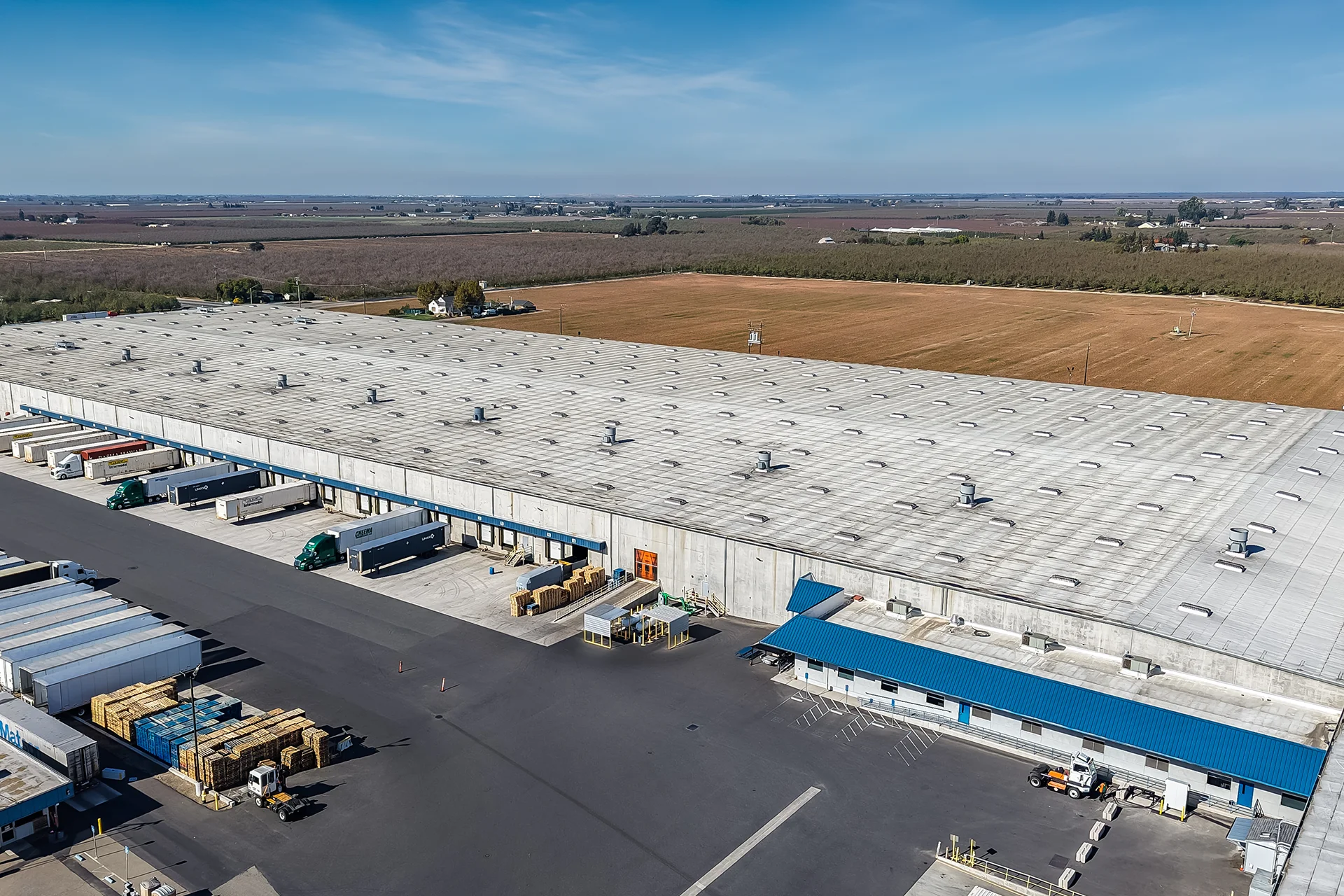 Aerial perspective of a premium industrial cold-storage facility, detailing concrete tilt-wall panels, multi-colored logistics trailers backed into automated shipping docks, a spacious asphalt maneuvering apron, staged wooden pallets, and surrounding San Joaquin County agricultural acreage.