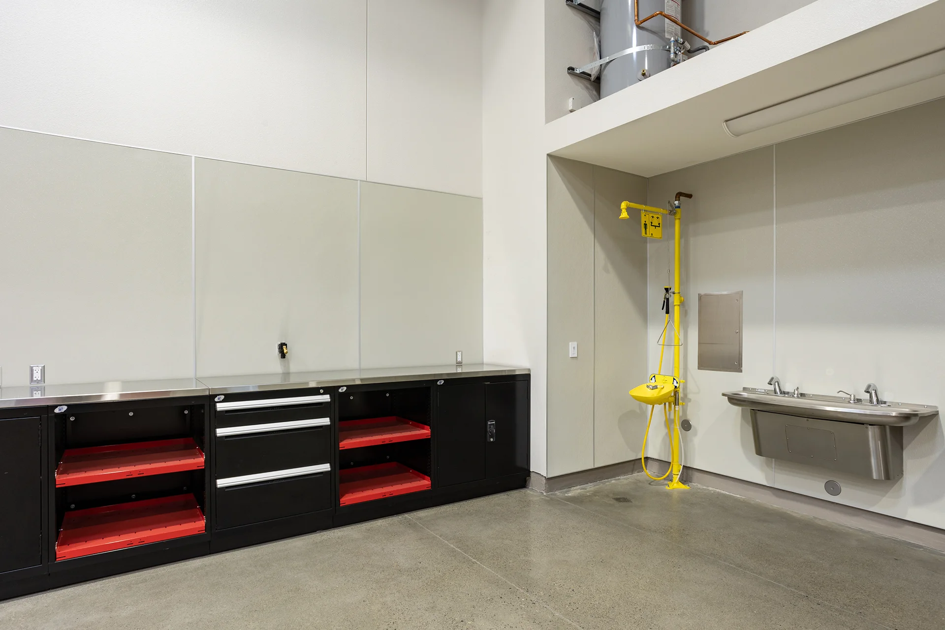 Commercial Workspace with Integrated Handwashing and Safety Stations