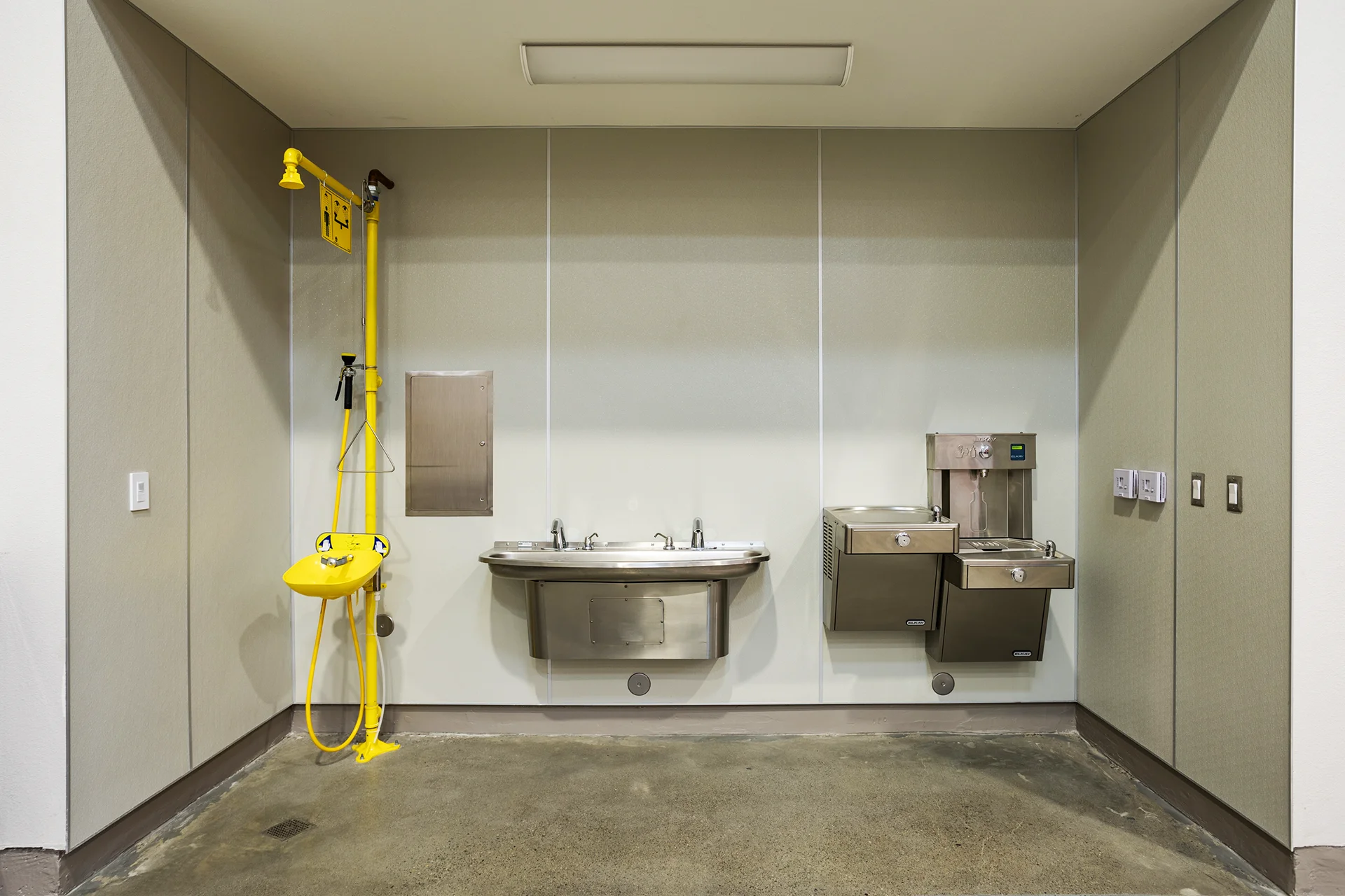 Facility Utility Alcove with Emergency Stations and Water Fountain
