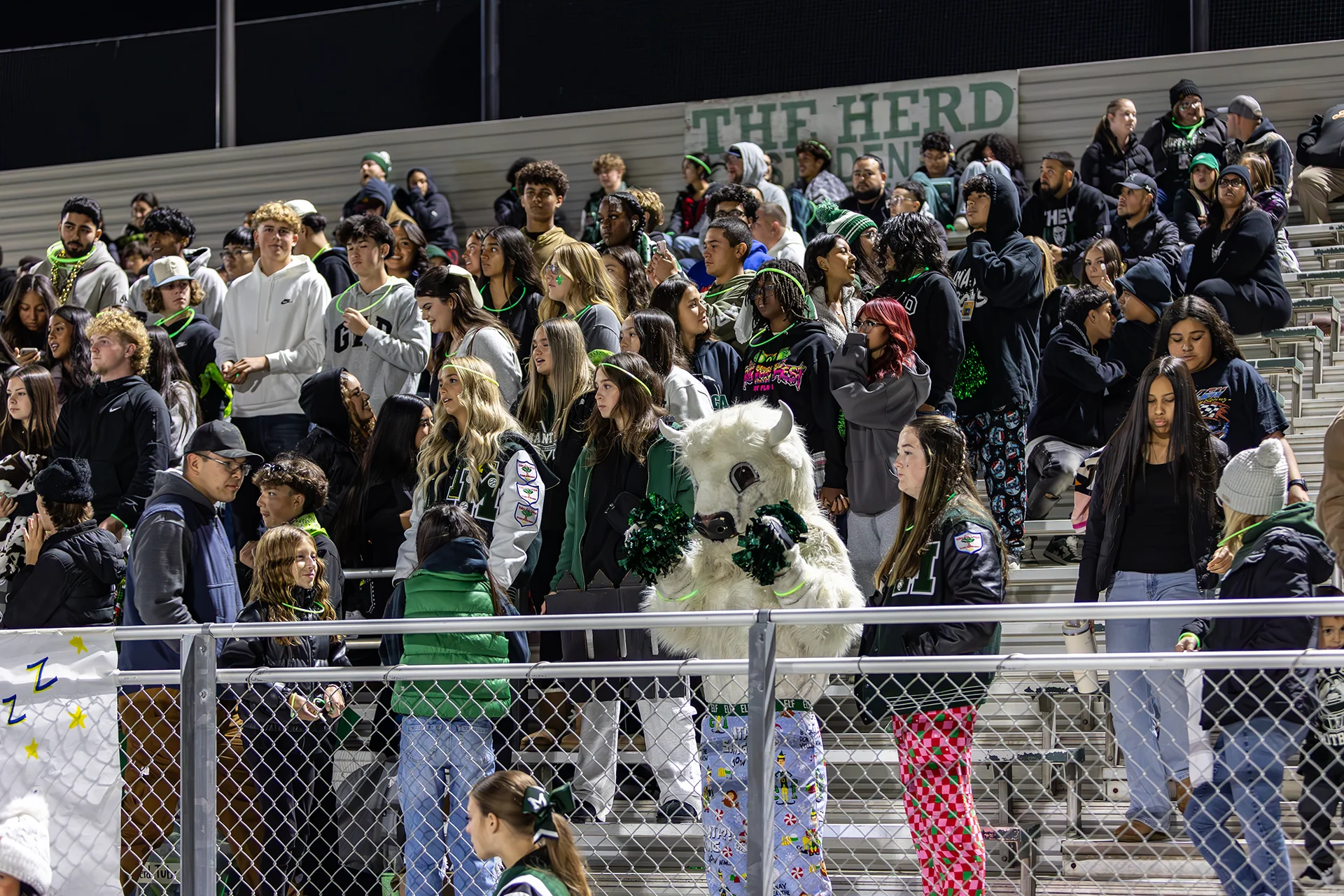 Students gather in the Manteca High School stadium stands alongside the Buffalo mascot during a nighttime football game.
